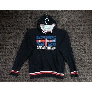 Great Britain Hoodie Mens Medium Navy Blue Sweater Union Jack Graphic UK Casual